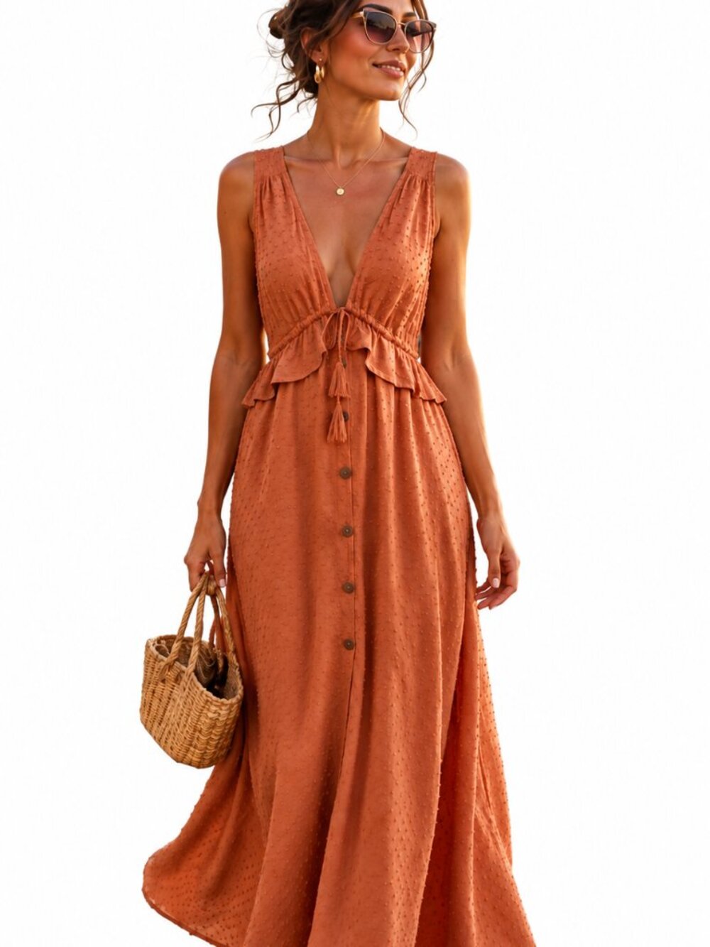 Boho Pure cotton maxi dress, terracotta colour